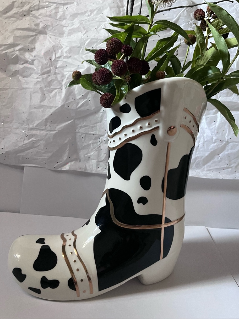 Cow Print Ceramic Boot Vase - White and Black and Gold trim
